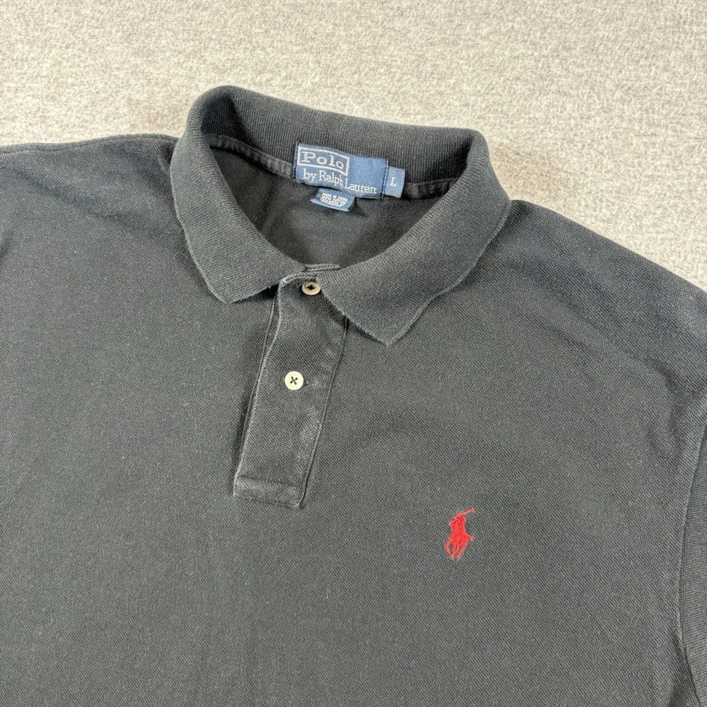 Vintage Polo Ralph Lauren Shirt Mens L Black Red Pony Short Sleeve Heavy Cotton - Picture 2 of 5